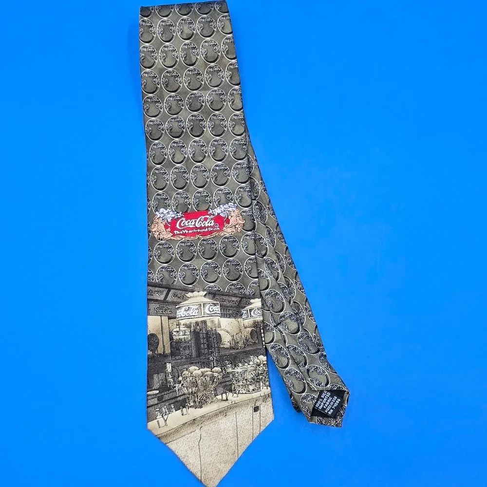 Vintage Coca-Cola Silk Tie Olive Green‎ Soda Fountain Advertising Americana 5¢